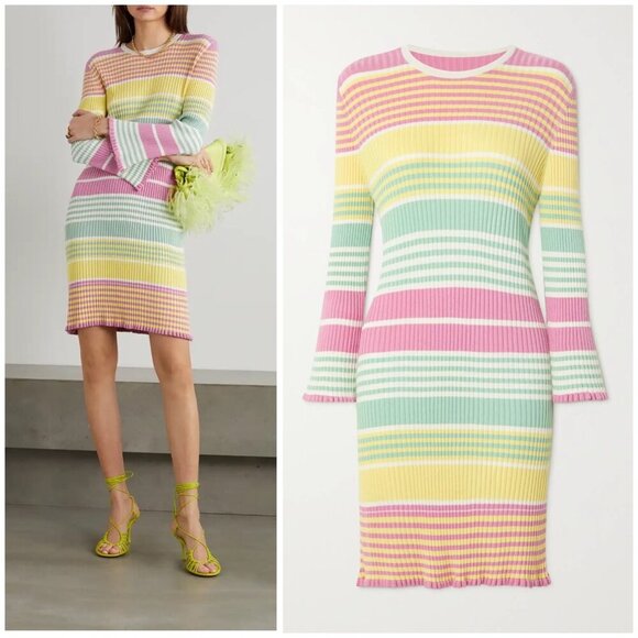 RIXO Milos Knit Dress in Pastel Yellow Rainbow Stripe Women’s Large MSRP $400 - Picture 1 of 12